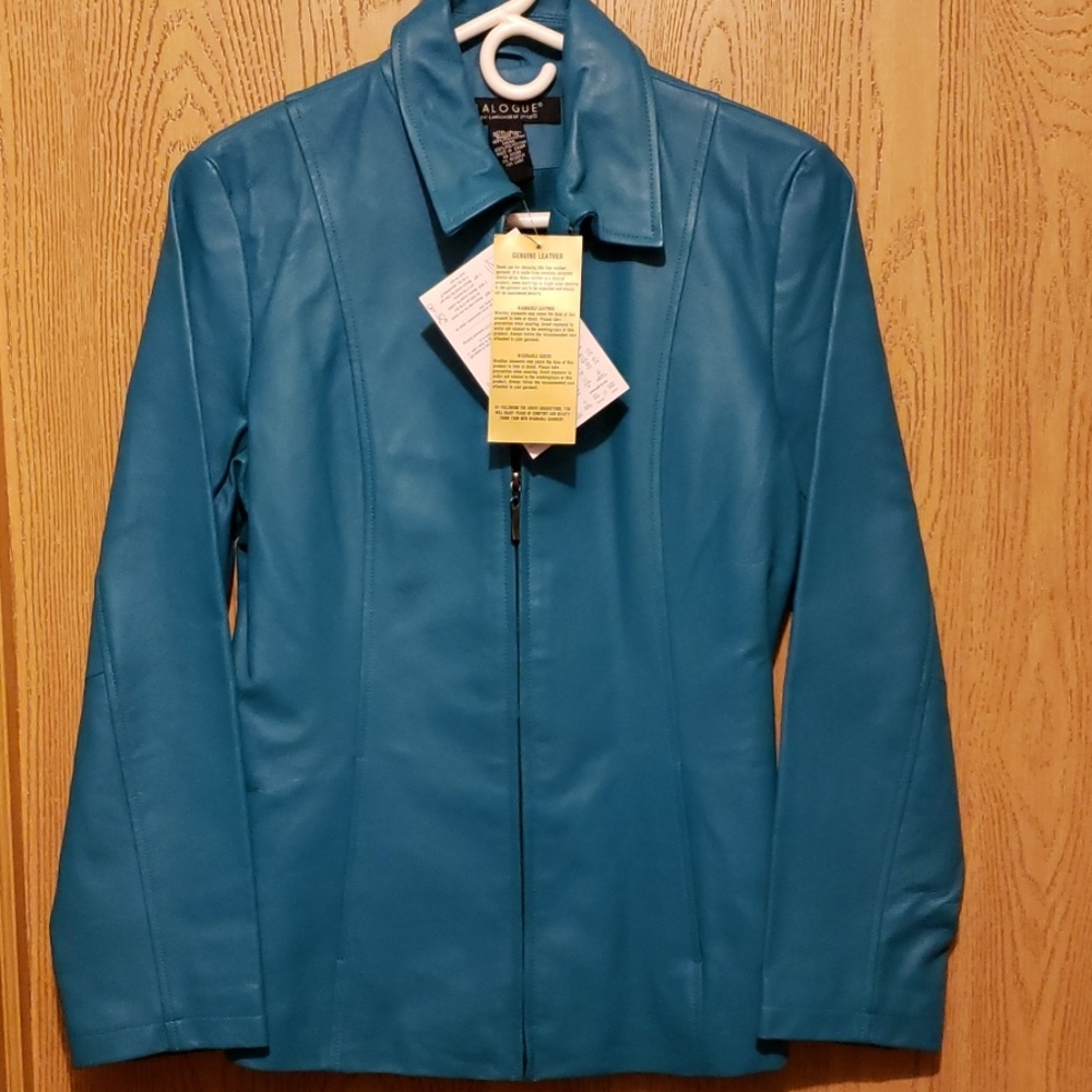 Dialogue Leather Zip Front Coat-Turquoise-Size S
